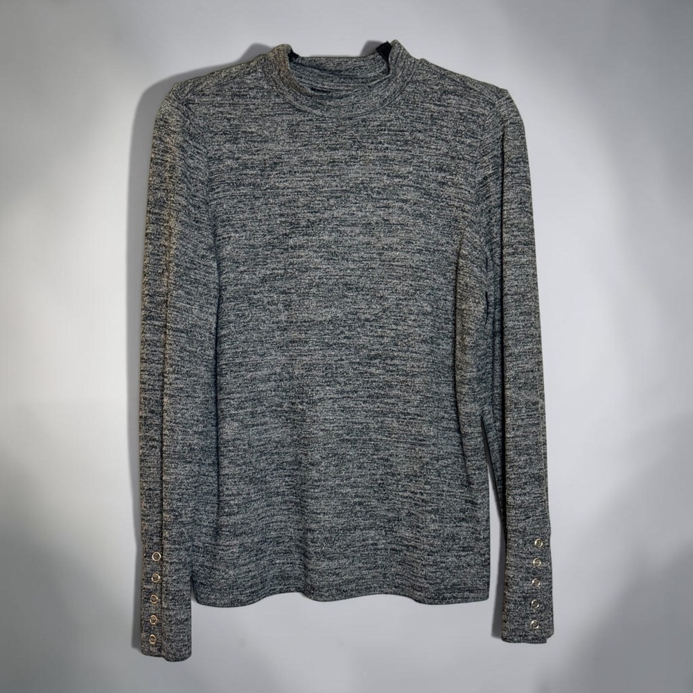 Rafaella Womens Grey Marl Mock Neck Knit Top Gold Grommet Cuff Small SA4666